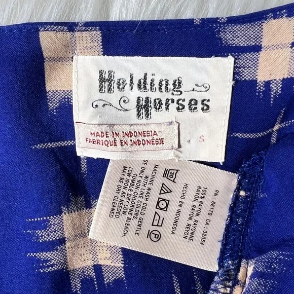 Anthropologie Cobalt Blue Check Print Short Sleeve Pocket Babydoll Top - Picture 10 of 10